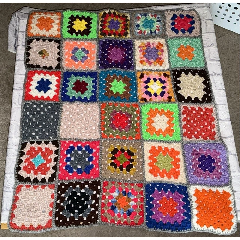 Hand Crochet Granny Square Blanket Afghan Throw Groovy Colorful 33x37
